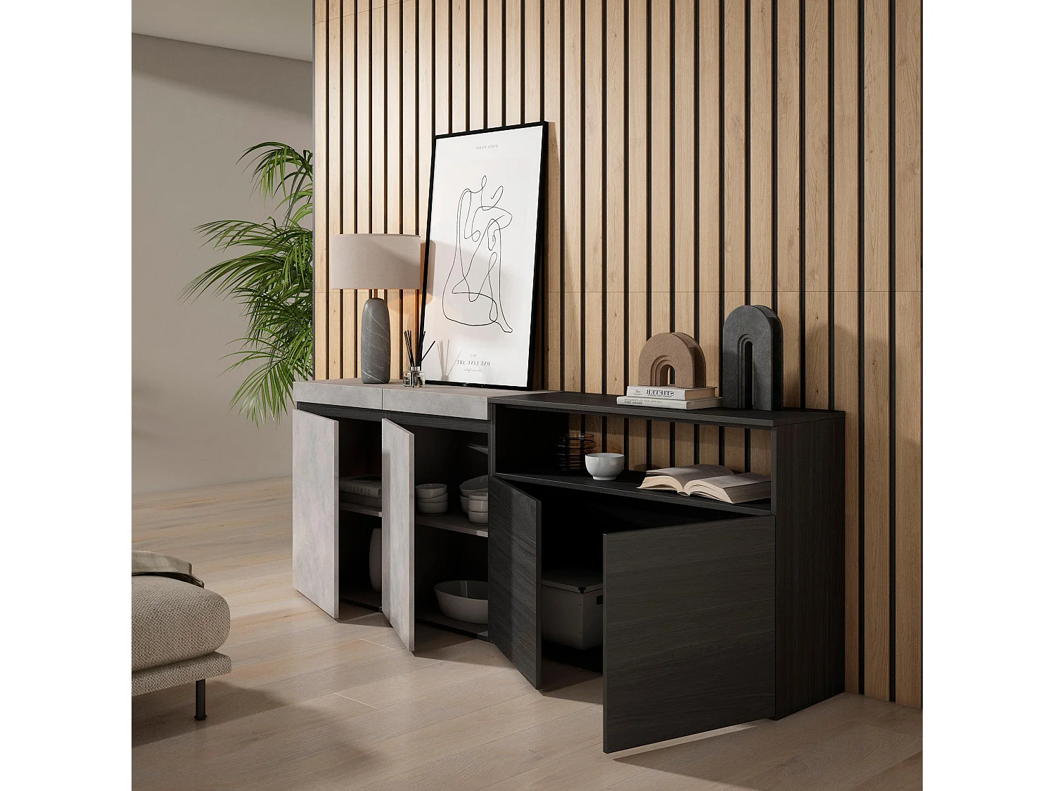 Dressoir, Opbergkast, 200x35x75cm, 4 Deuren, Woonkamer, hal, Cement