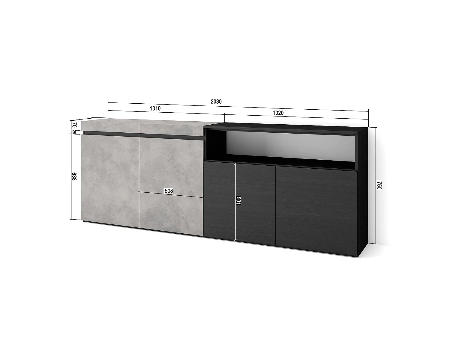 Dressoir, Opbergkast, 200x35x75cm, 4 Deuren, Woonkamer, hal, Cement