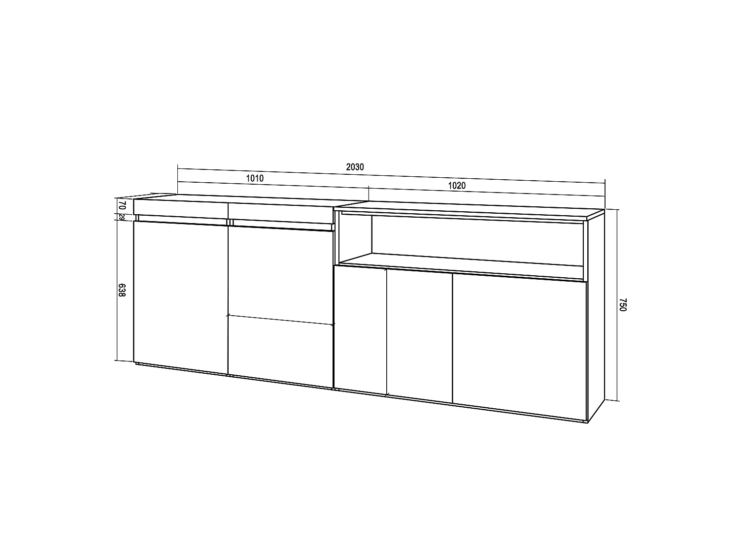 Dressoir, Opbergkast, 200x35x75cm, 4 Deuren, Woonkamer, hal, Cement
