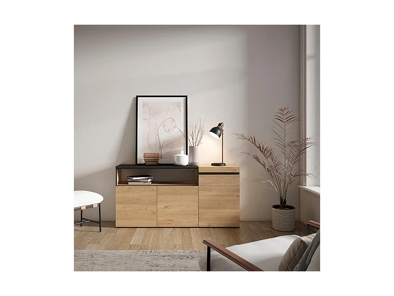 Sideboard, Highboard, 150x35x75cm, 3 Türen, Wohnzimmer, Küche, Eiche Schwarz