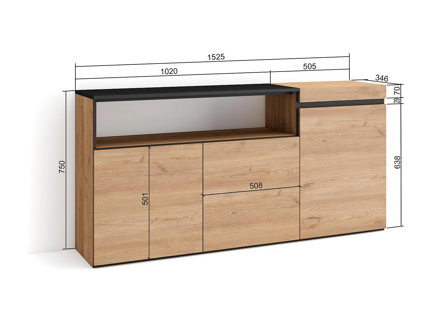 Dressoir, Opbergkast, 150x35x75cm, 3 Deuren, Woonkamer, hal, Eiken/Zwart
