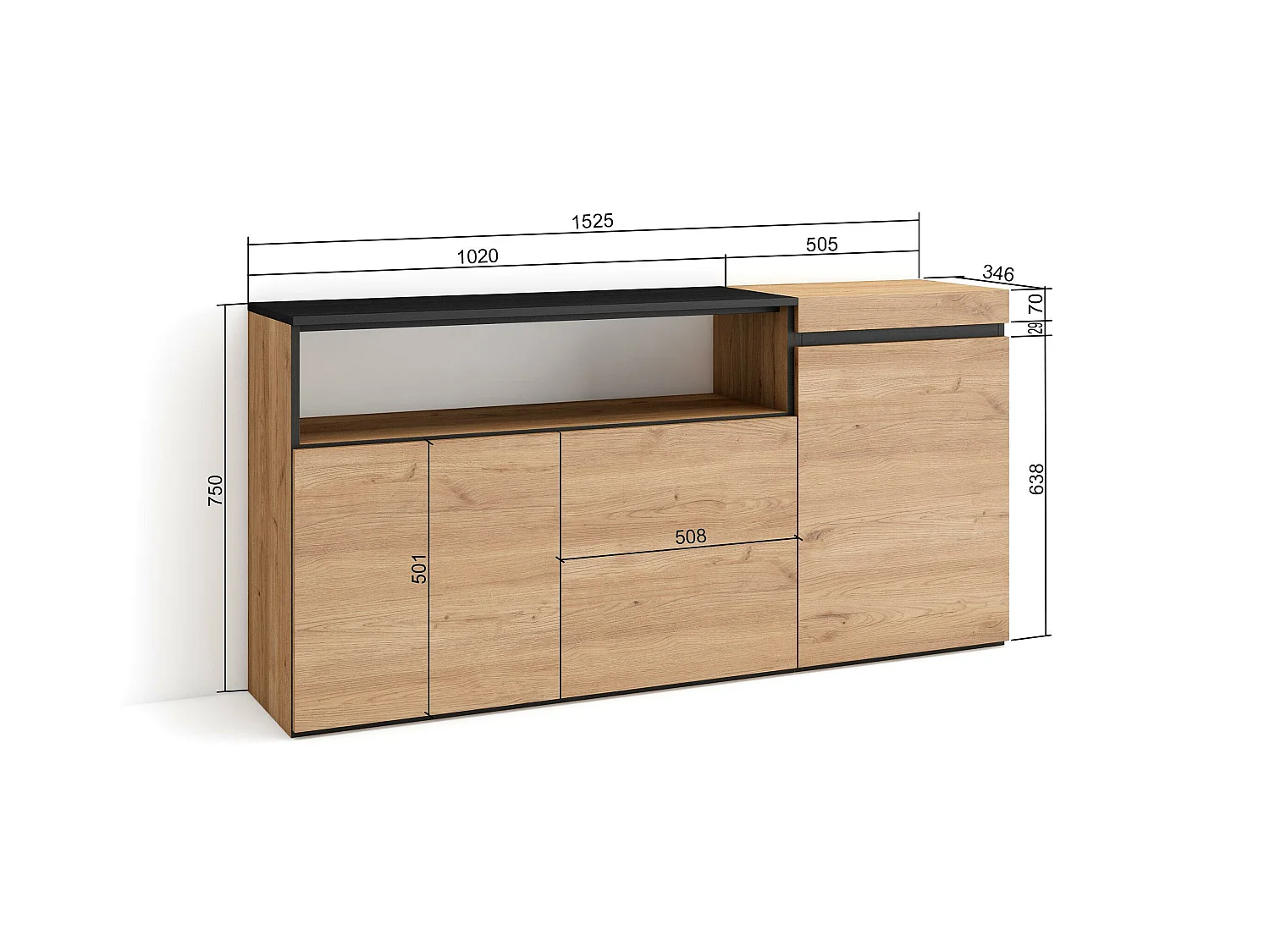 Credenza, Mobile, Cucina, 150x35x75cm, 3 Porte, grande stoccaggio, Rovere e nero