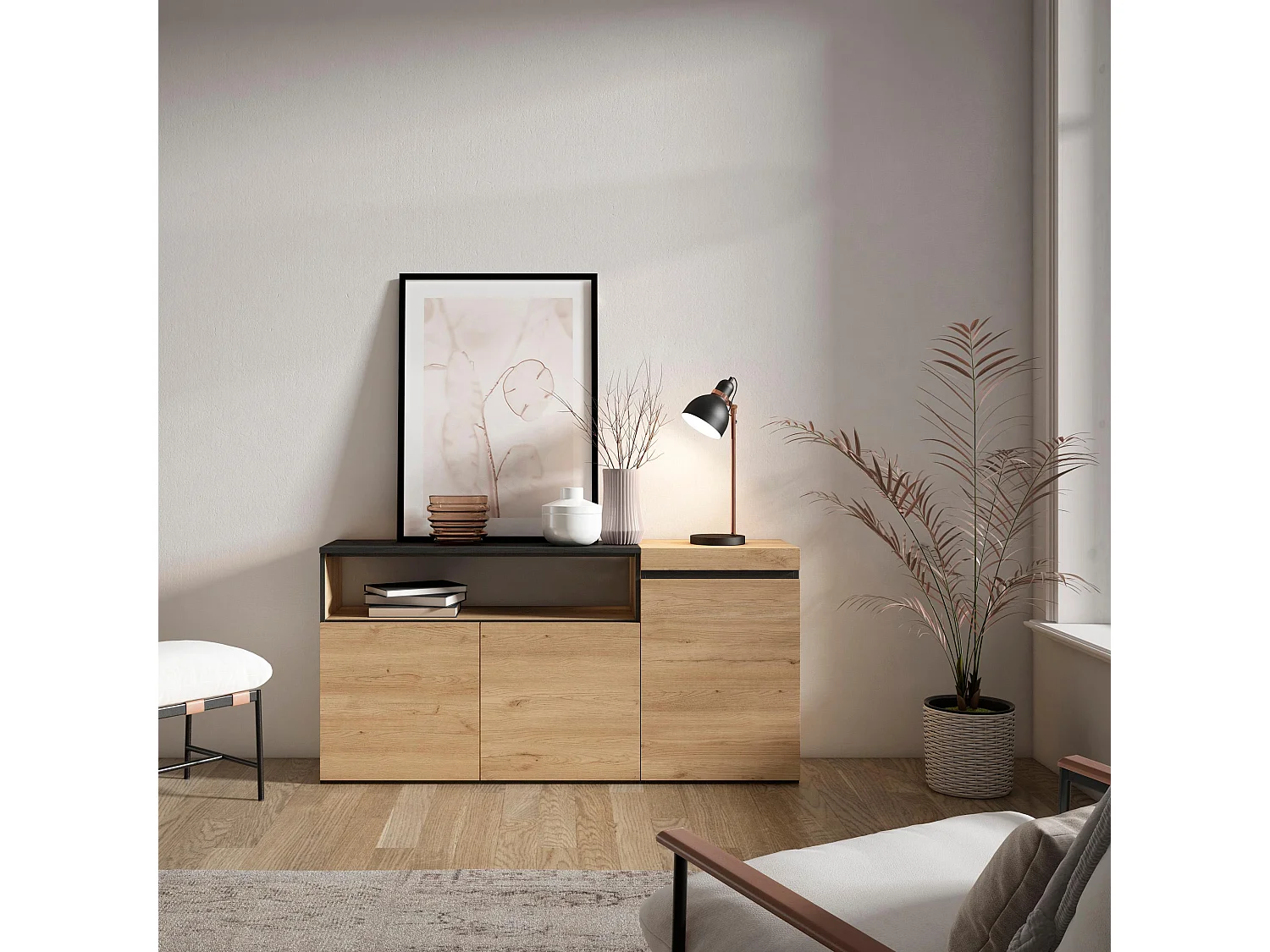 Buffet salon et cuisine, 150x35x75cm, 3 Portes, Meuble chaussure, Chêne et noir