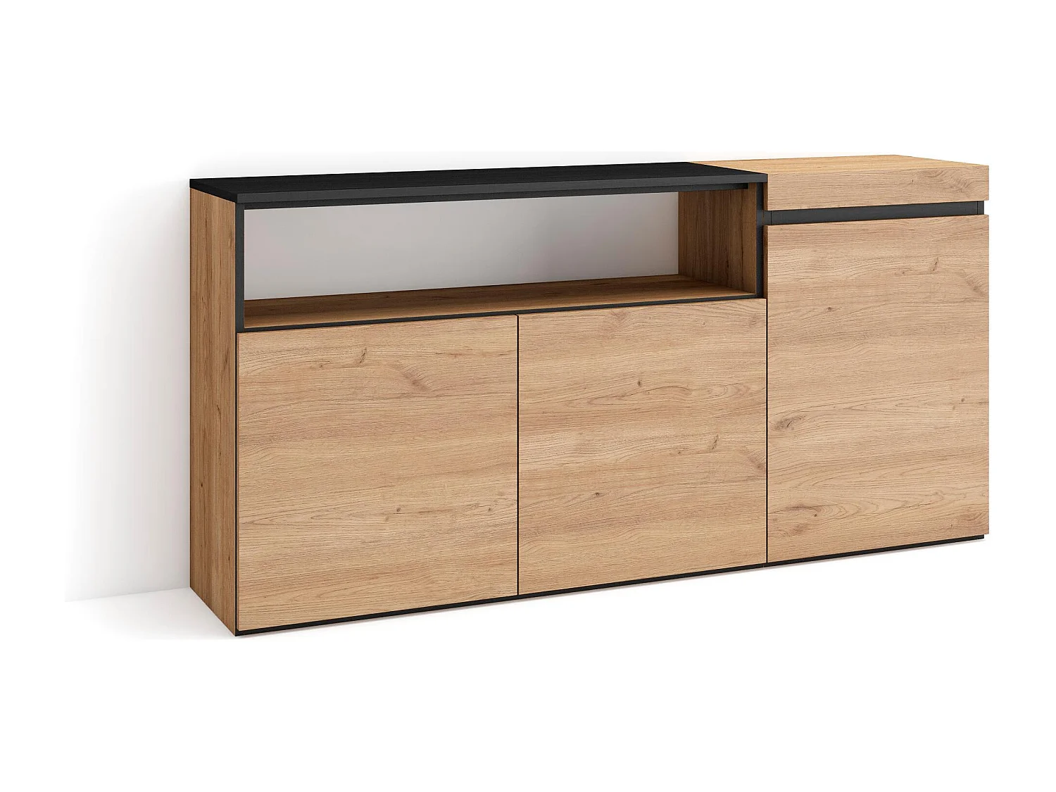 Buffet salon et cuisine, 150x35x75cm, 3 Portes, Meuble chaussure, Chêne et noir