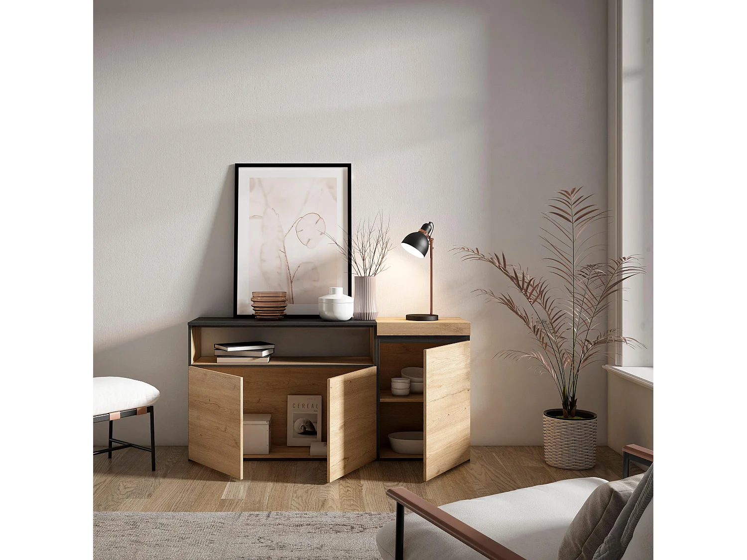 Buffet salon et cuisine, 150x35x75cm, 3 Portes, Meuble chaussure, Chêne et noir