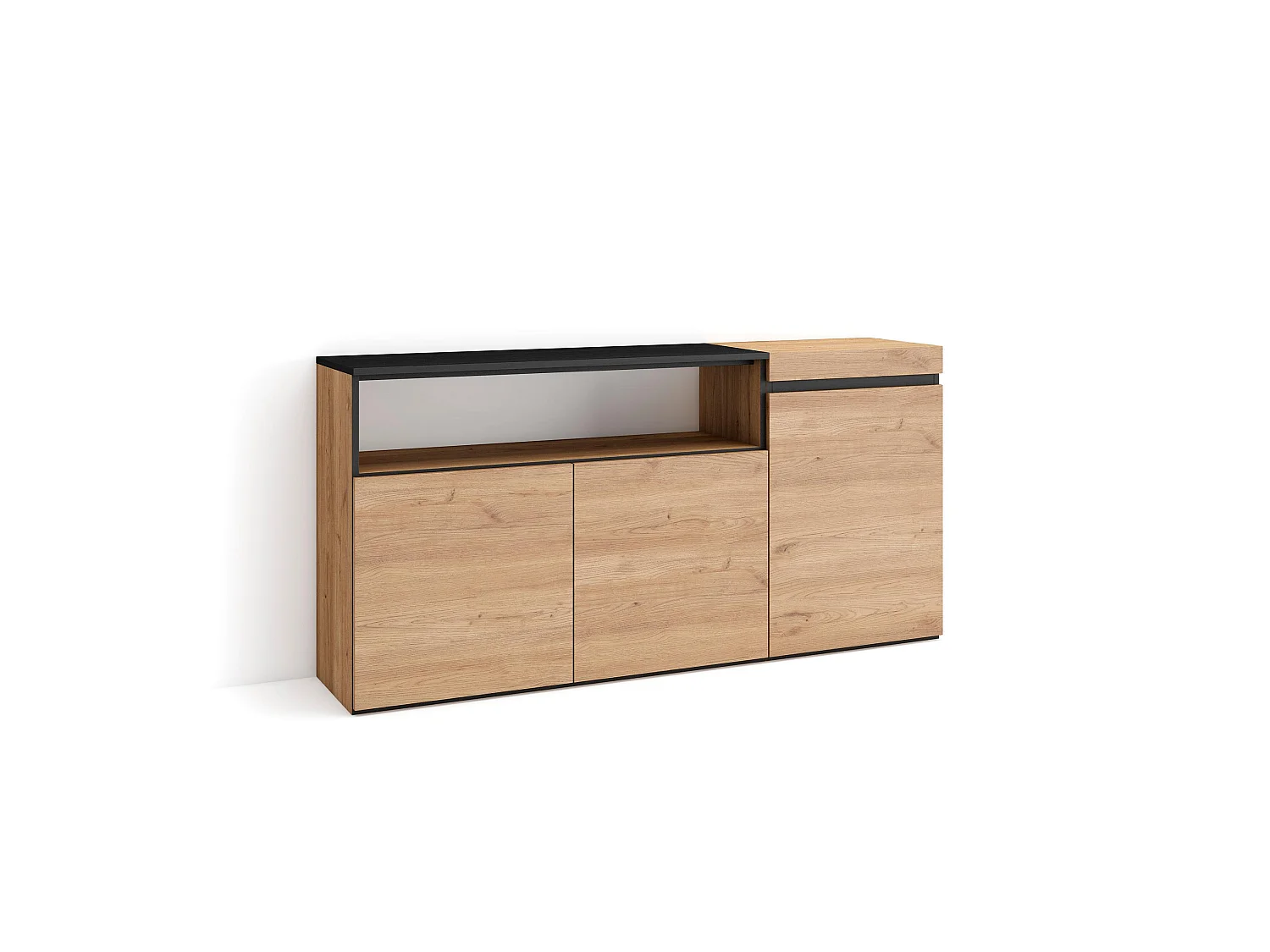 Buffet salon et cuisine, 150x35x75cm, 3 Portes, Meubles à chaussures, Chêne et noir