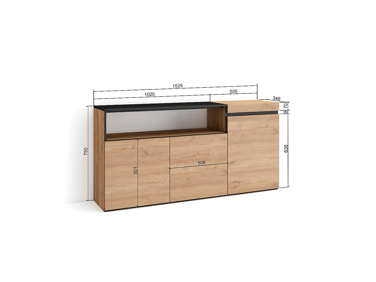 Buffet salon et cuisine, 150x35x75cm, 3 Portes, Meubles à chaussures, Chêne et noir