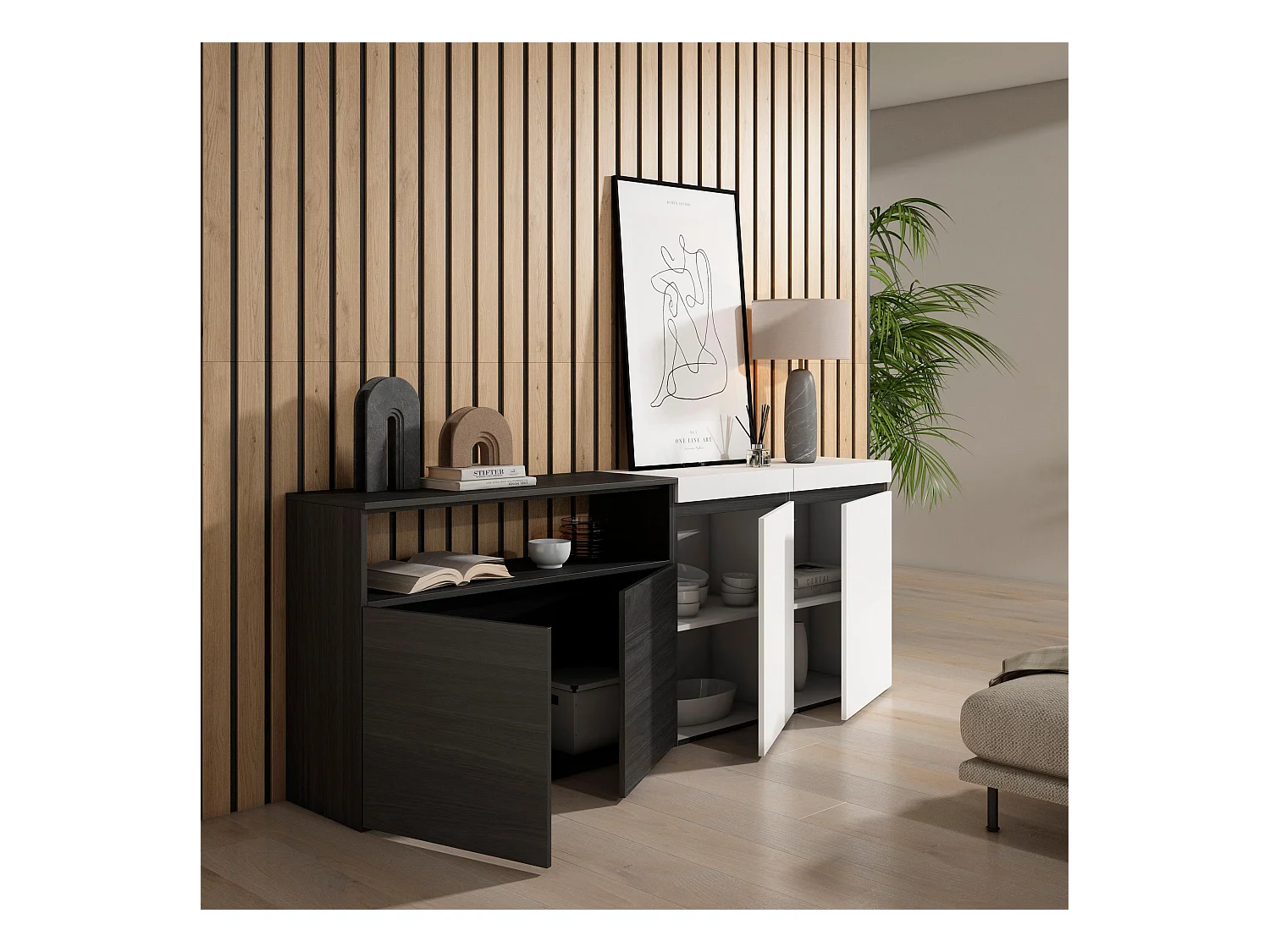 Aparadores para salón, 200x35x75cm, 4 Puertas, Armario, zapatero, Blanco y negro