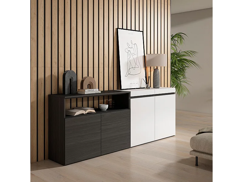 Buffet salon et cuisine, 200x75x35cm, 4 Portes, Meuble chaussure, Blanc et noir