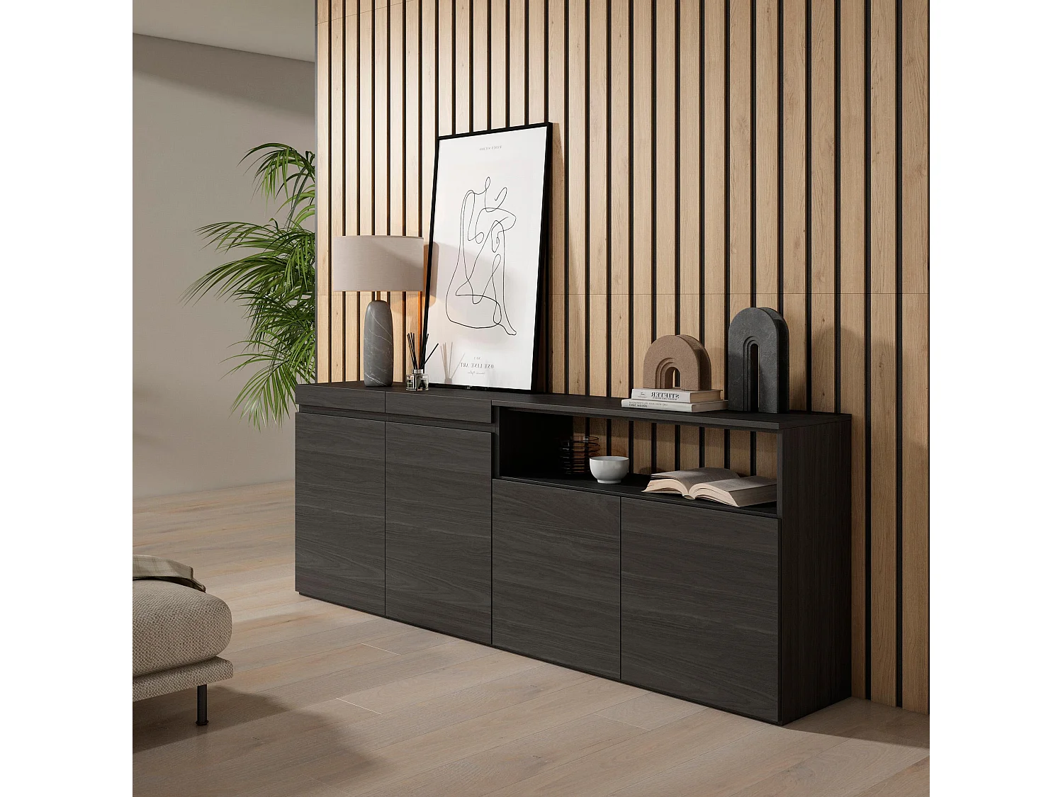 Buffet salon et cuisine, 200x75x35cm, 4 Portes, Meuble chaussure, Noir