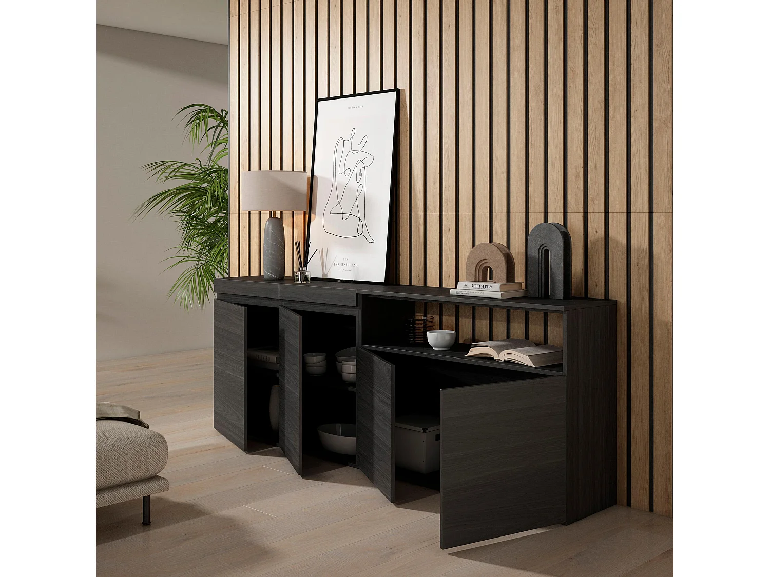 Credenza, Mobile, Cucina, 200x35x75cm, 4 Porte, grande stoccaggio, Nero