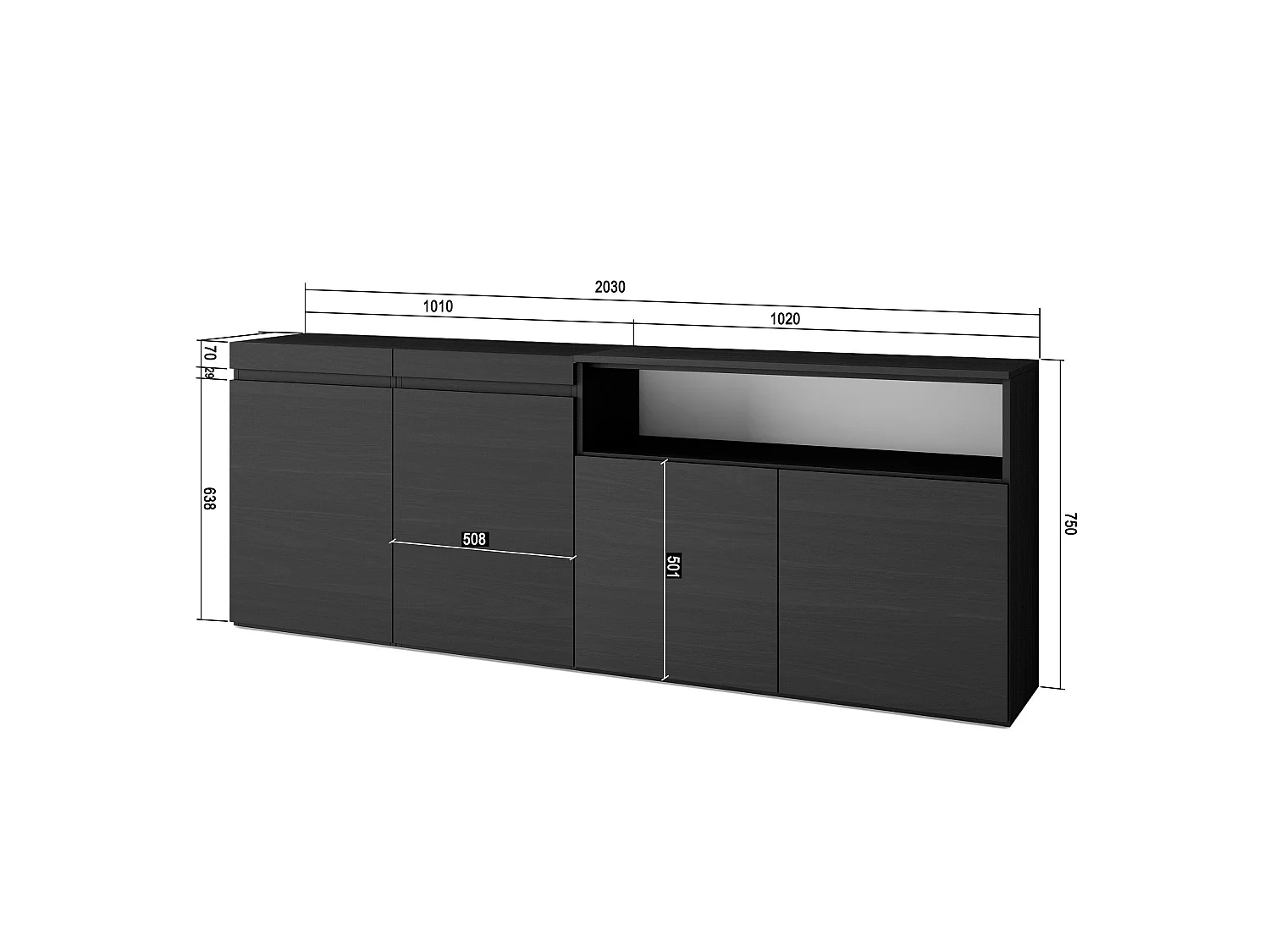 Credenza, Mobile, Cucina, 200x35x75cm, 4 Porte, grande stoccaggio, Nero