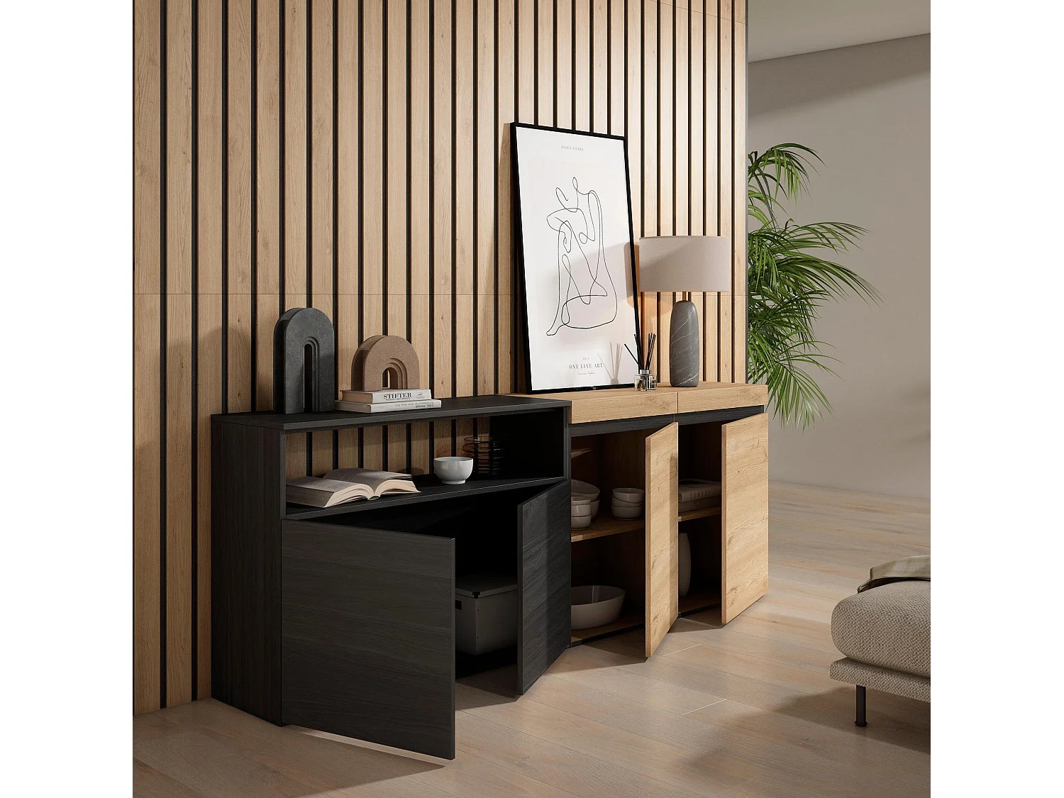 Sideboard, Highboard, 200x35x75cm, 4 Türen, Wohnzimmer, Küche, Eiche Schwarz