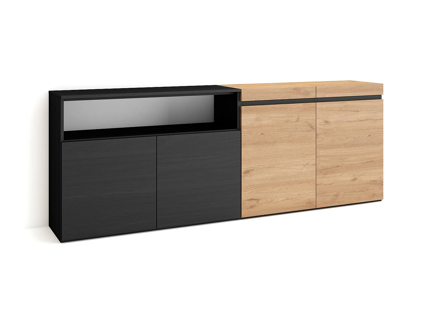 Buffet salon et cuisine, 200x75x35cm, 4 Portes, Meuble chaussure, Chêne et noir