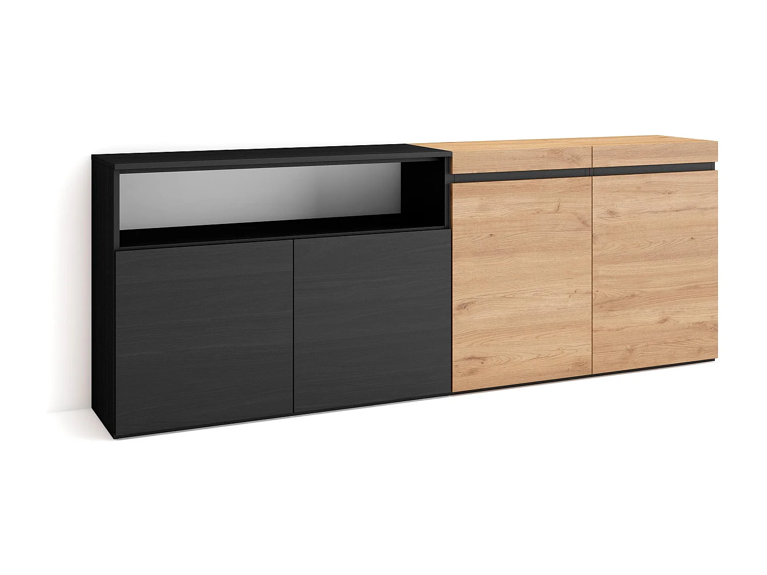 Dressoir, Opbergkast, 200x75x35cm, 4 Deuren, Woonkamer, hal, Eiken/Zwart