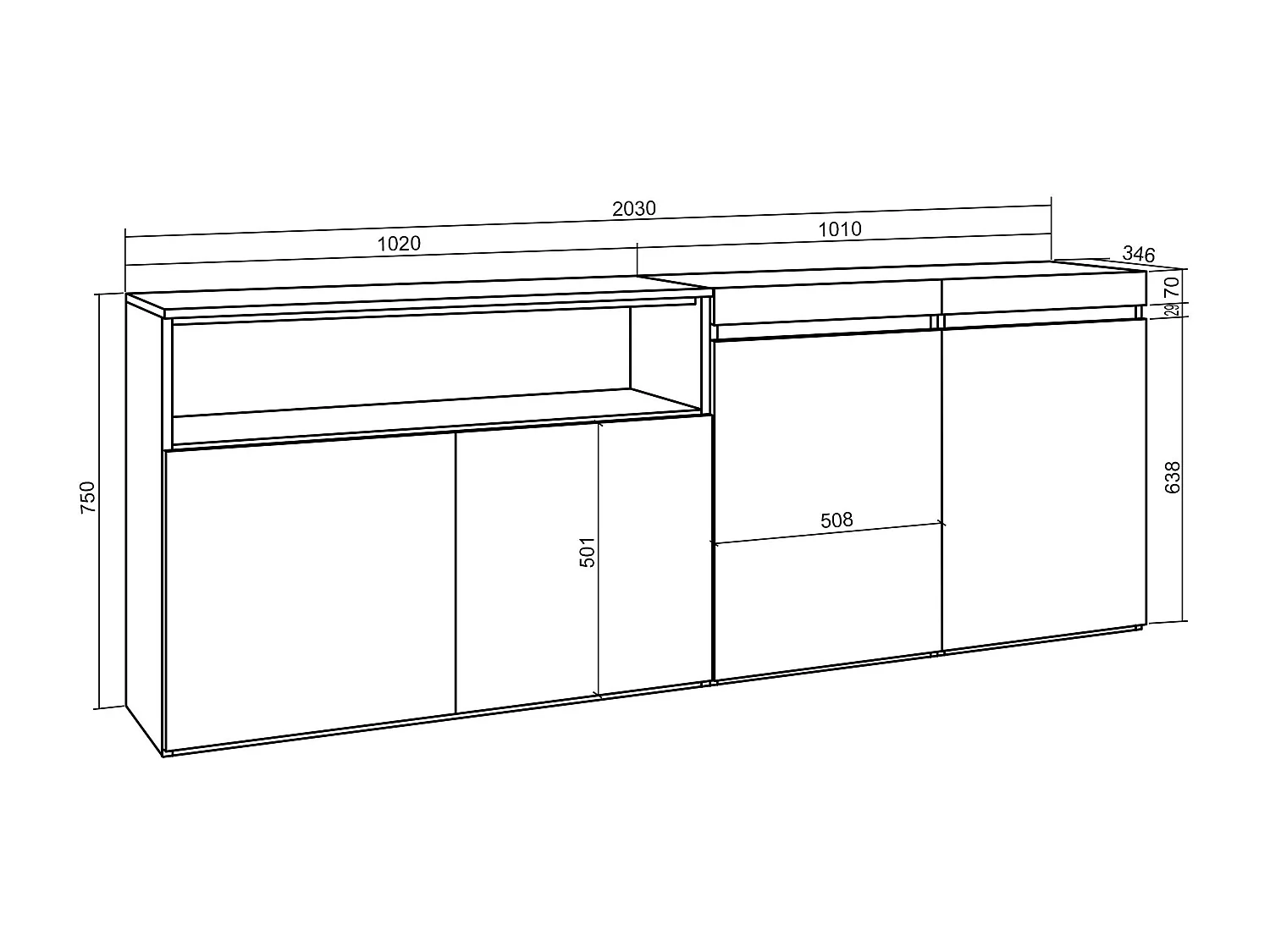 Dressoir, Opbergkast, 200x75x35cm, 4 Deuren, Woonkamer, hal, Eiken/Zwart