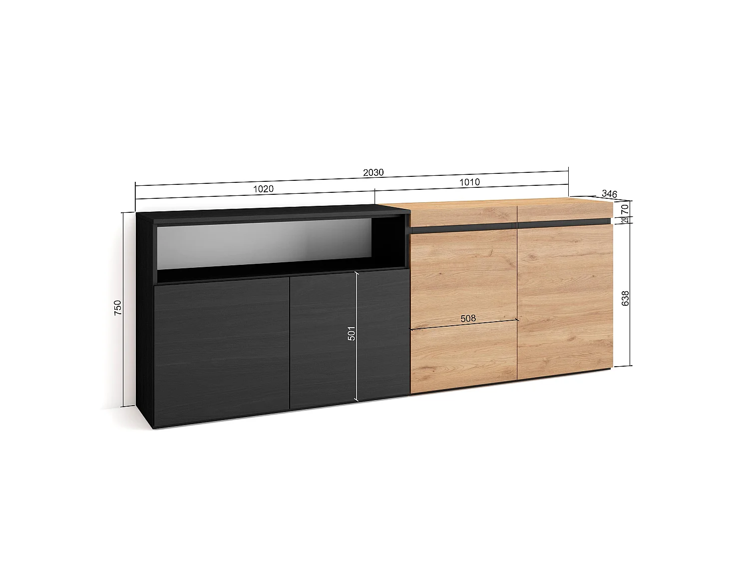 Credenza, Mobile, Cucina, 200x35x75cm, 4 Porte, grande stoccaggio, Rovere e nero