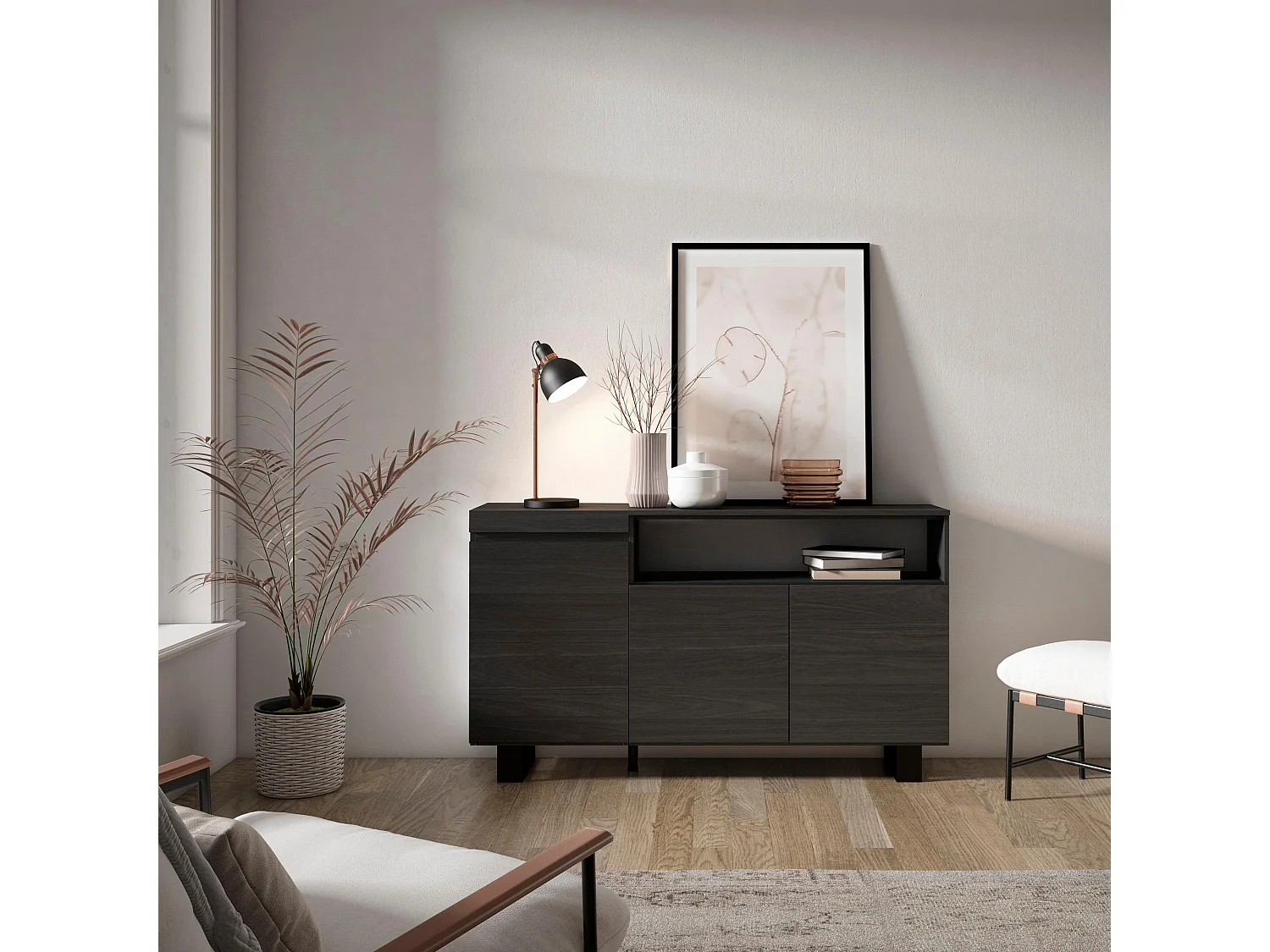 Dressoir, Opbergkast, 150x35x87cm, 3 Deuren, Industrieel design, Zwart