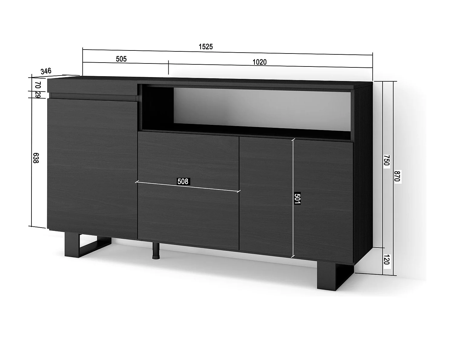 Dressoir, Opbergkast, 150x35x87cm, 3 Deuren, Industrieel design, Zwart