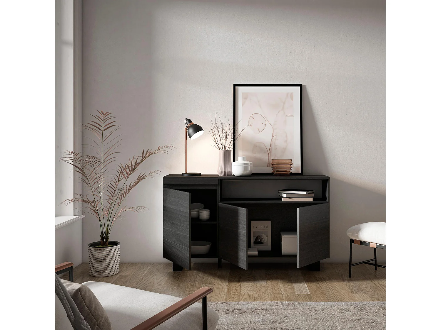 Dressoir, Opbergkast, 150x35x87cm, 3 Deuren, Industrieel design, Zwart