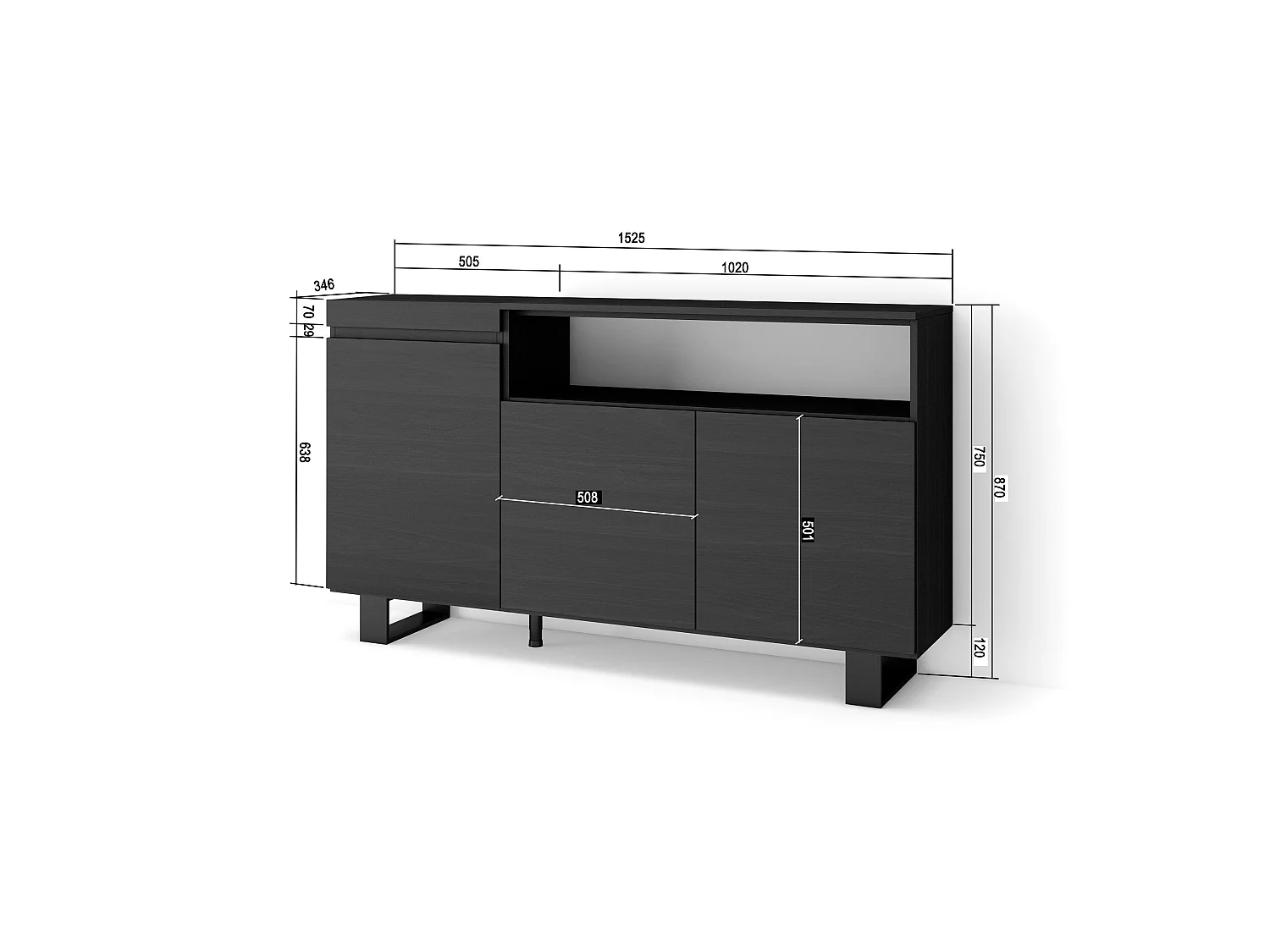 Dressoir, Opbergkast, 150x35x87cm, 3 Deuren, Industrieel design, Zwart