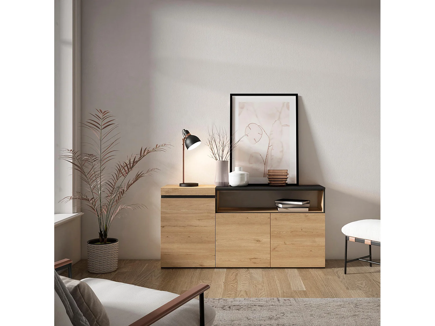 Aparadores para salón, 150x35x75cm, 3 Puertas, Armario, zapatero, Roble y negro