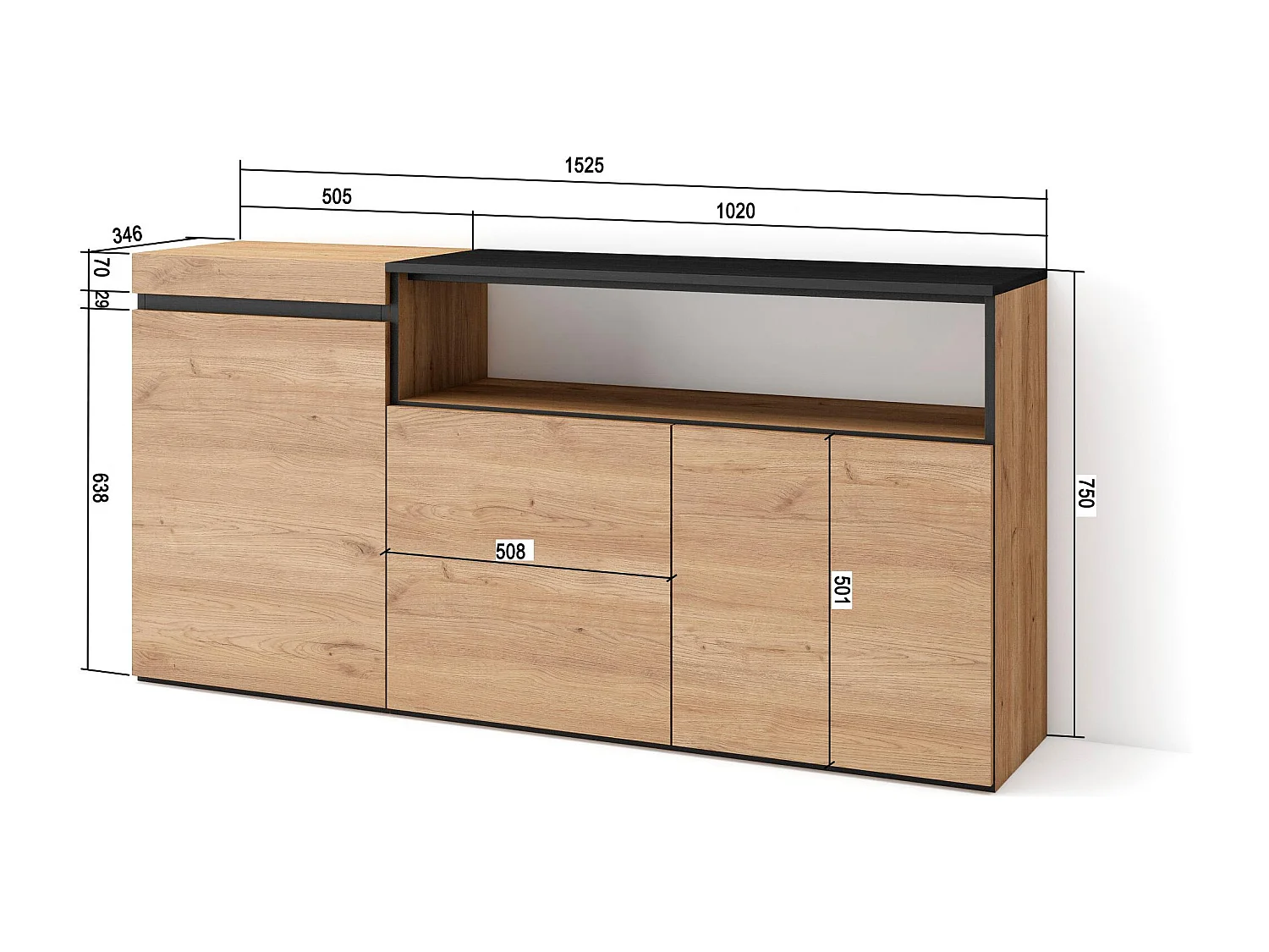 Aparadores para salón, 150x35x75cm, 3 Puertas, Armario, zapatero, Roble y negro