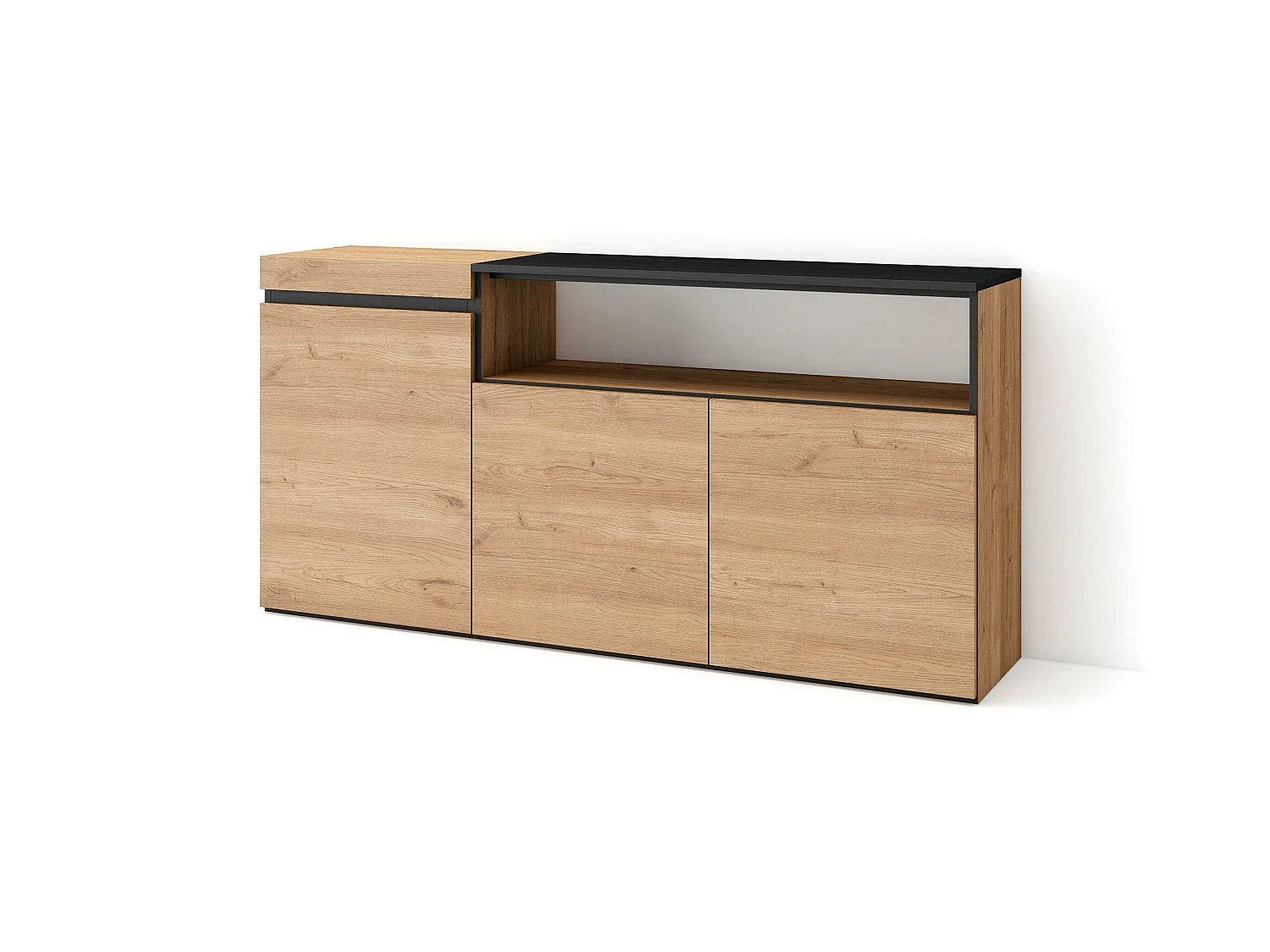 Buffet salon et cuisine, 150x35x75cm, 3 Portes, Meuble chaussure, Chêne et noir