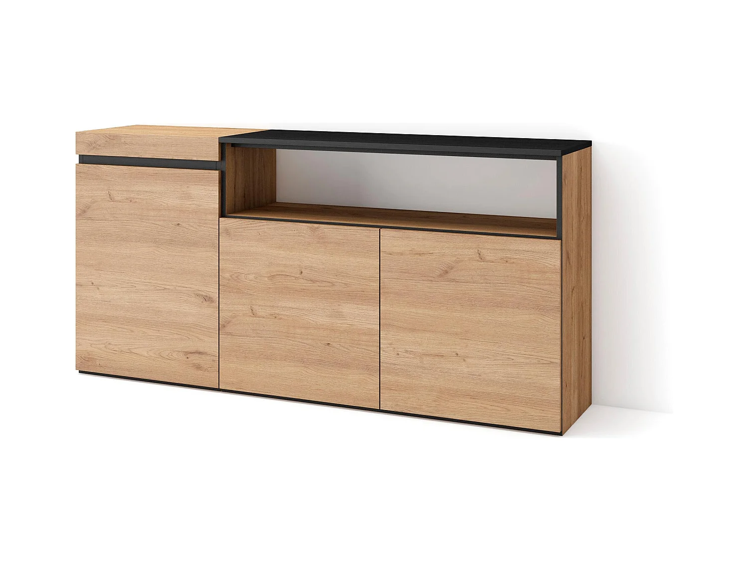 Buffet salon et cuisine, 150x35x75cm, 3 Portes, Meuble chaussure, Chêne et noir