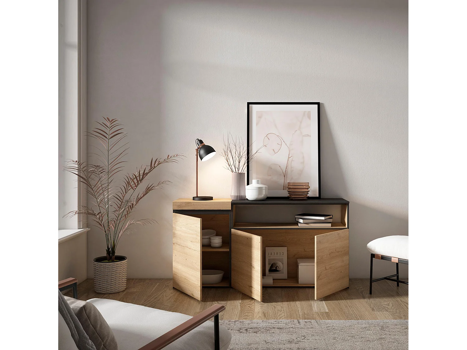 Buffet salon et cuisine, 150x35x75cm, 3 Portes, Meuble chaussure, Chêne et noir