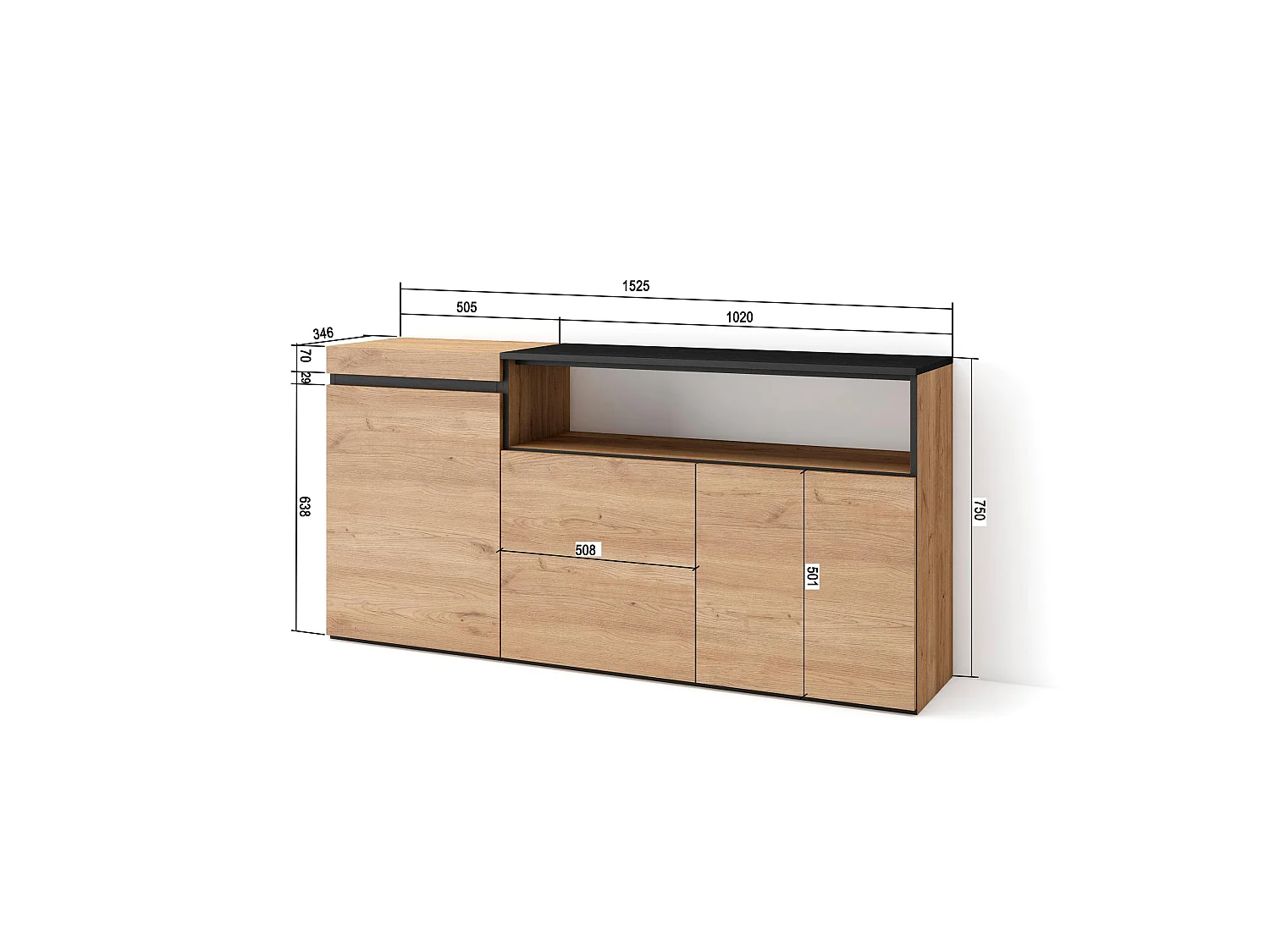 Aparadores para salón, 150x35x75cm, 3 Puertas, Armario, zapatero, Roble y negro