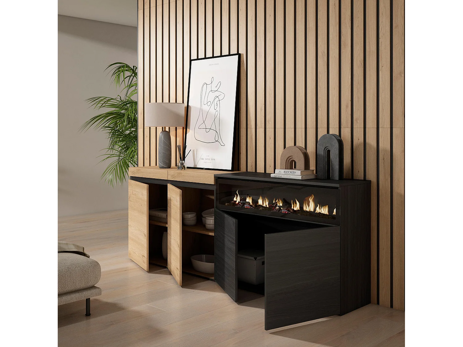 Buffet salon et cuisine, 200x75x35cm, 4 Portes, Cheminée électrique, Chêne et noir