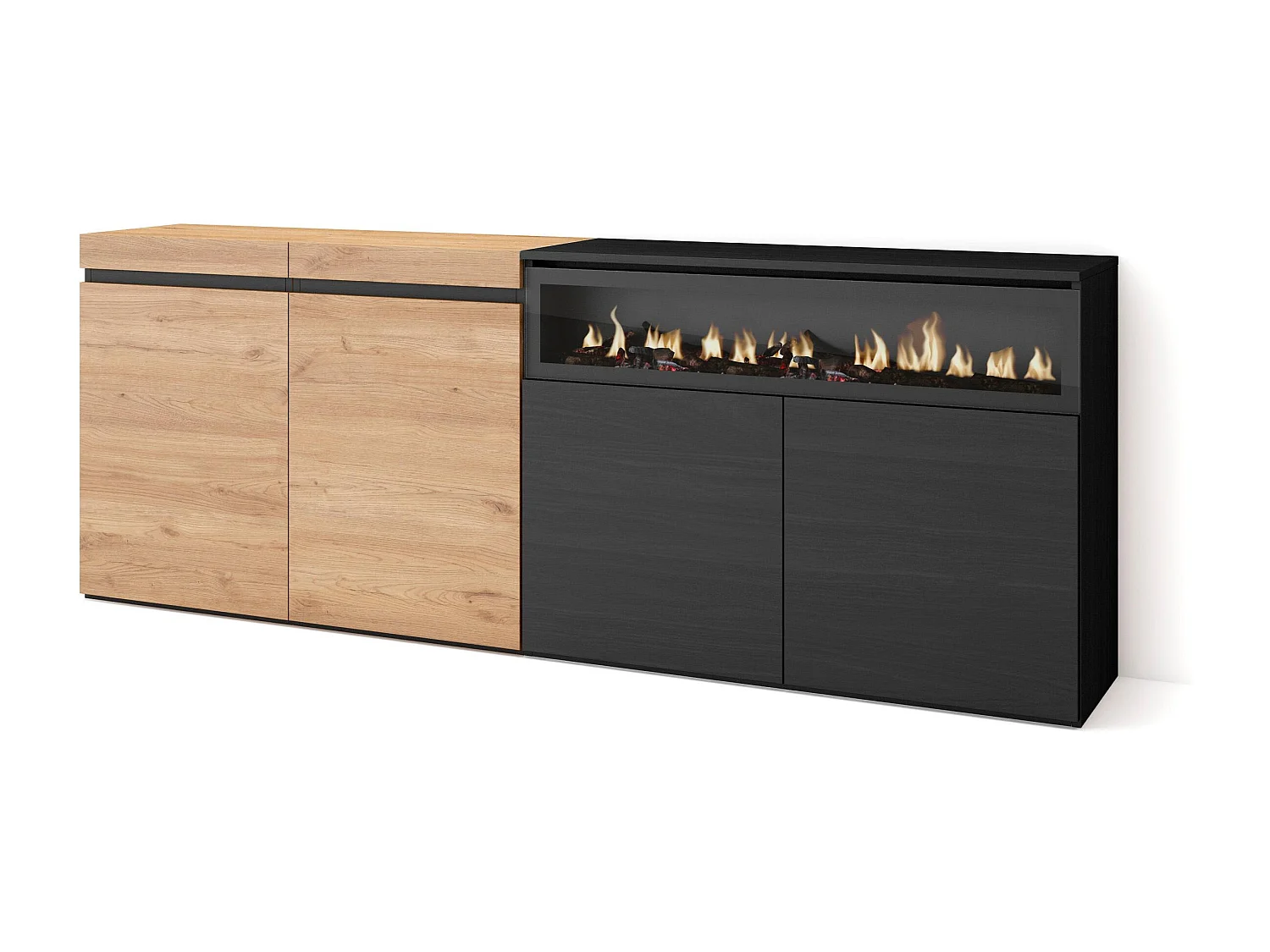 Dressoir, Opbergkast, 200x35x75cm, 4 Deuren, Elektrische haard, Eiken/Zwart