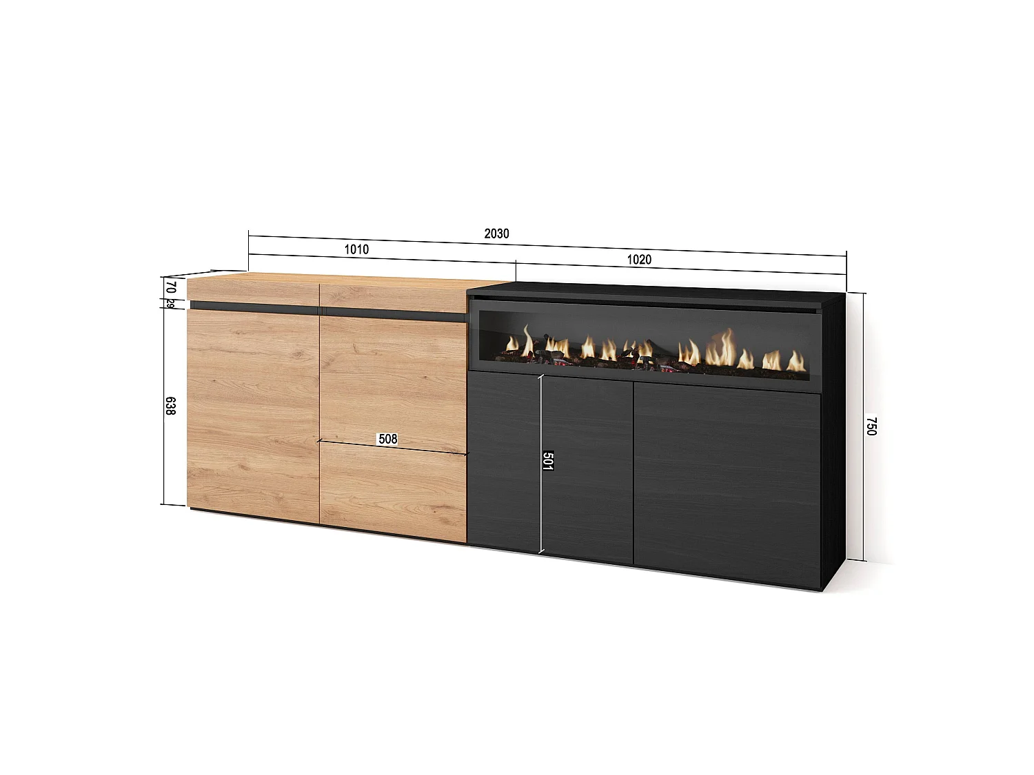 Dressoir, Opbergkast, 200x35x75cm, 4 Deuren, Elektrische haard, Eiken/Zwart