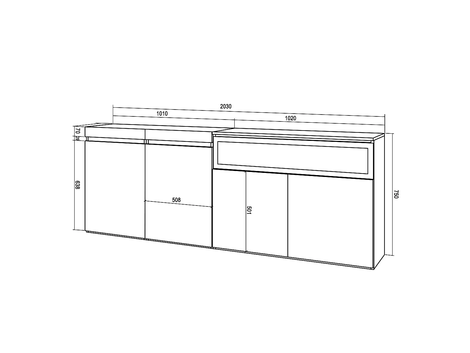 Dressoir, Opbergkast, 200x35x75cm, 4 Deuren, Elektrische haard, Eiken/Zwart