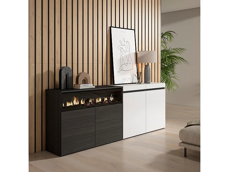 Sideboard, Highboard, 200x35x75cm, 4 Türen, Elektrokamin, Weiß und Schwarz