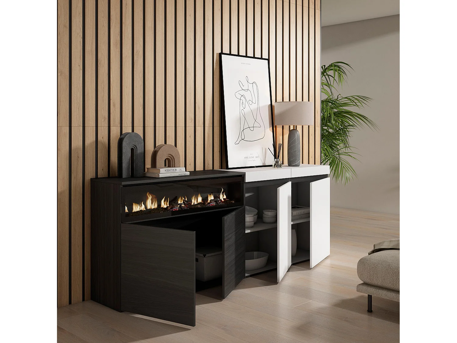 Sideboard, Highboard, 200x35x75cm, 4 Türen, Elektrokamin, Weiß und Schwarz