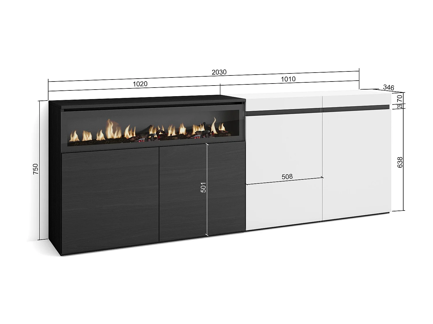 Sideboard, Highboard, 200x35x75cm, 4 Türen, Elektrokamin, Weiß und Schwarz