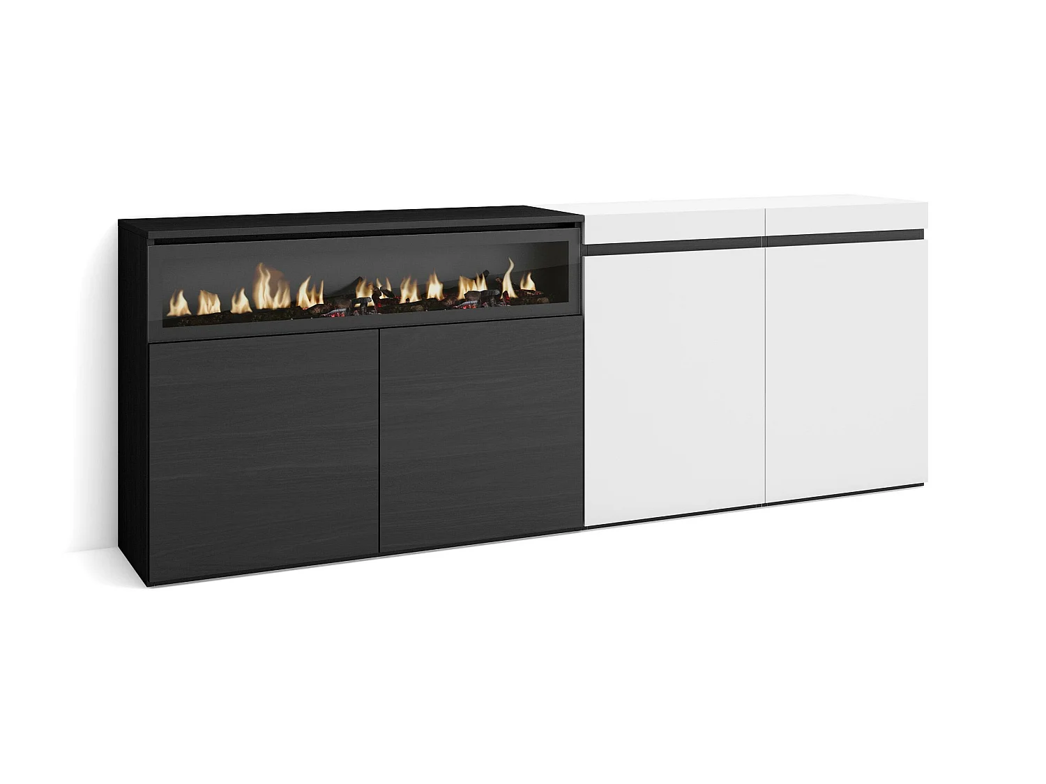 Dressoir, Opbergkast, 200x75x35cm, 4 Deuren, Elektrische haard, Wit en Zwart