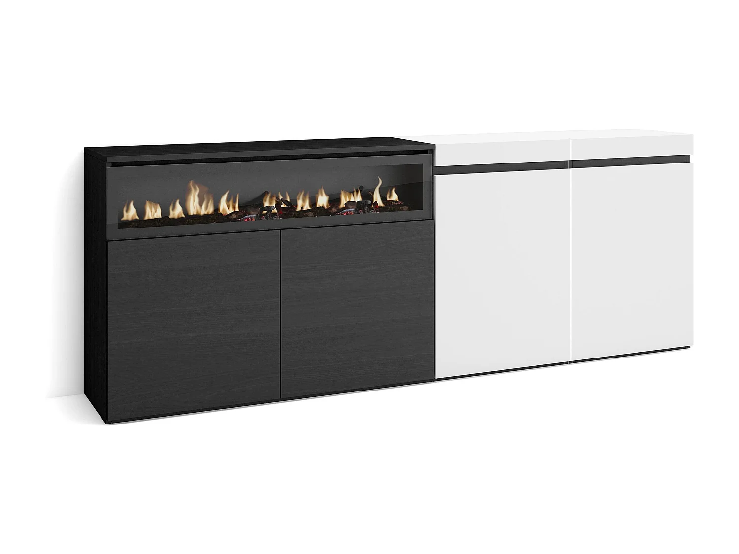 Buffet salon et cuisine, 200x75x35cm, 4 Portes, Cheminée électrique, Blanc et noir