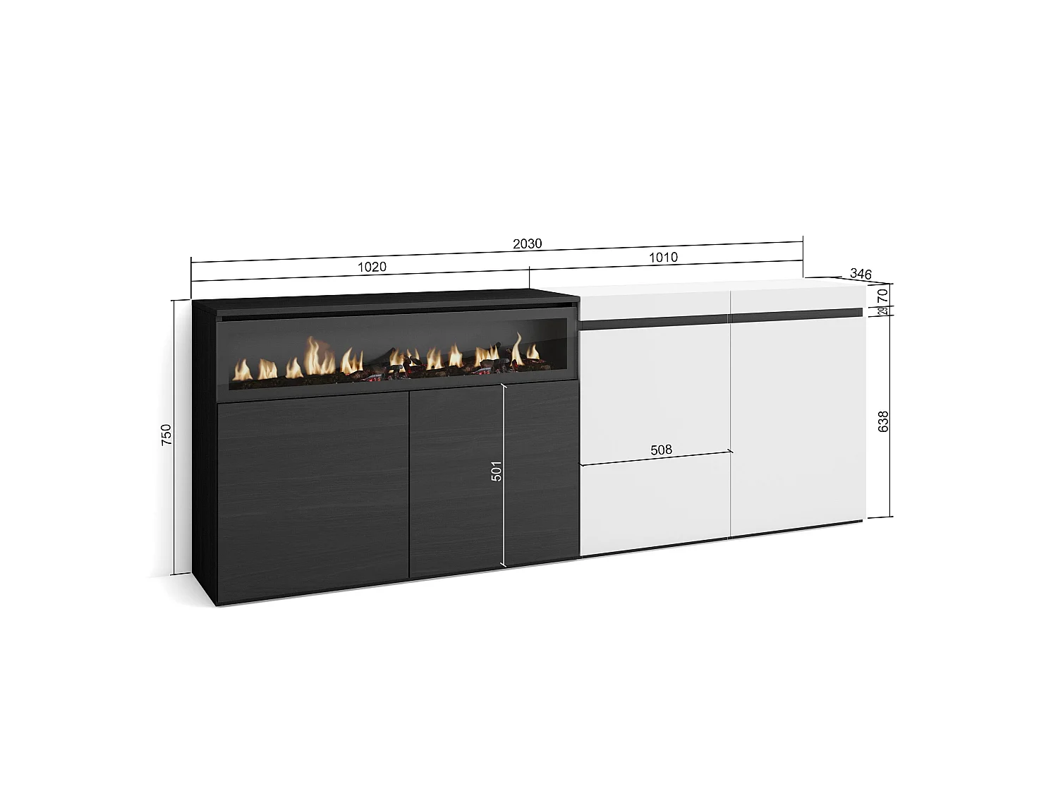 Buffet salon et cuisine, 200x35x75cm, 4 Portes, Cheminée électrique, Blanc et noir