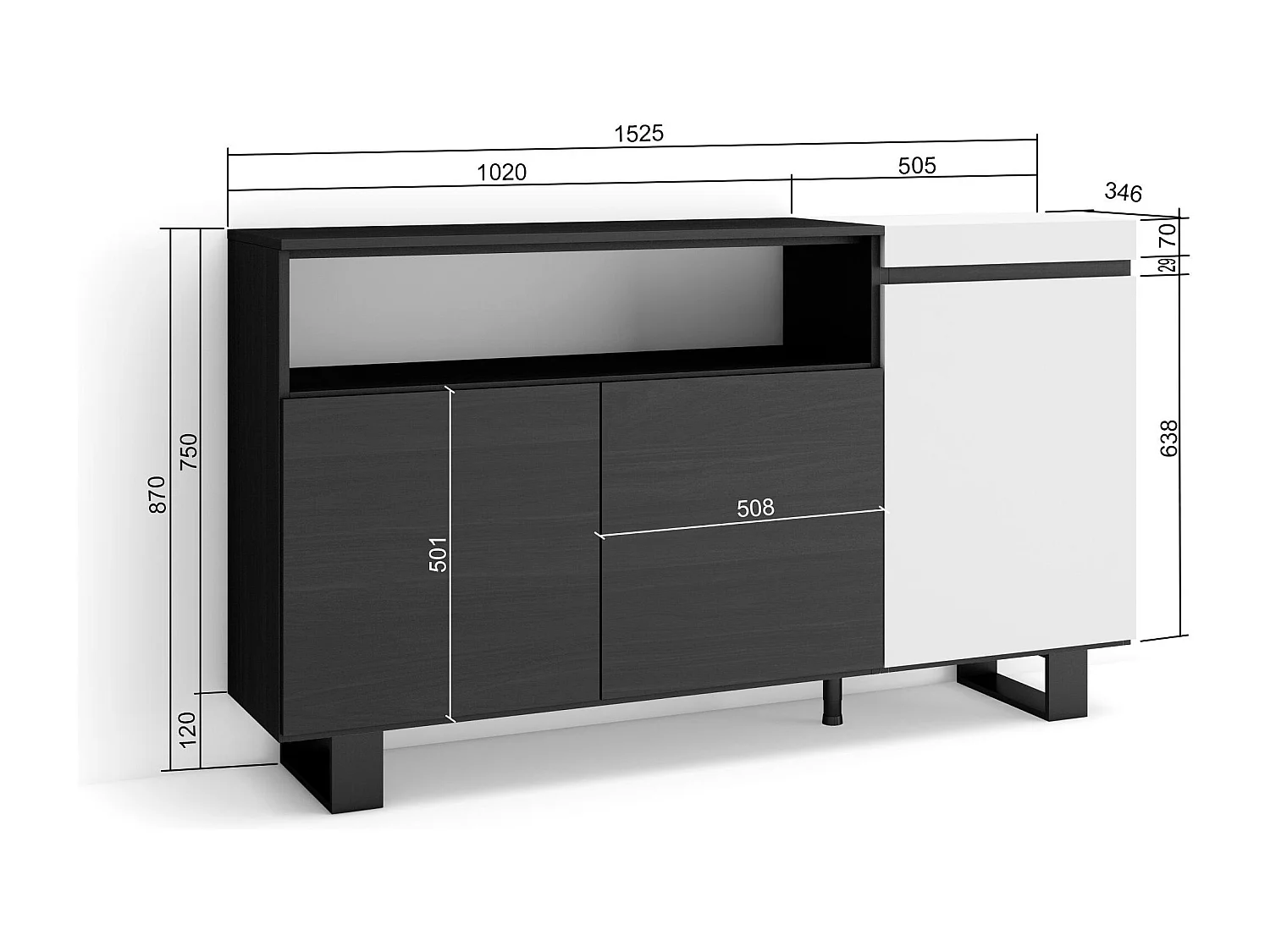 Aparadores para salón, 150x35x87cm, 3 Puertas, Diseño industrial, Blanco y negro
