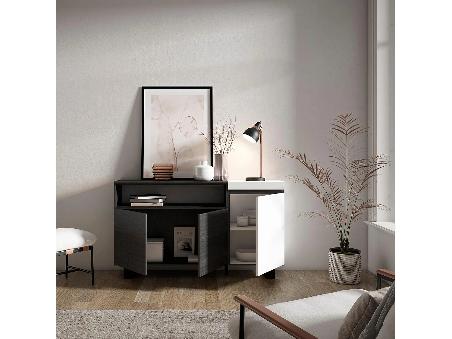 Aparadores para salón, 150x35x87cm, 3 Puertas, Diseño industrial, Blanco y negro