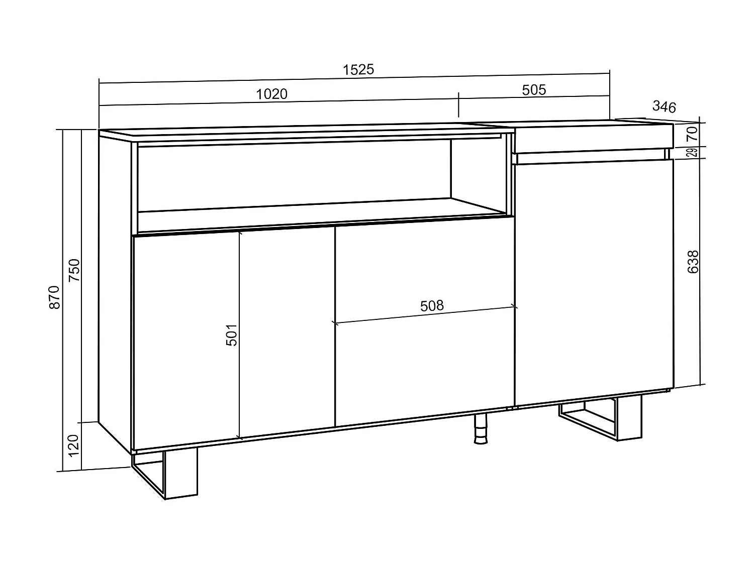 Aparadores para salón, 150x35x87cm, 3 Puertas, Diseño industrial, Blanco y negro