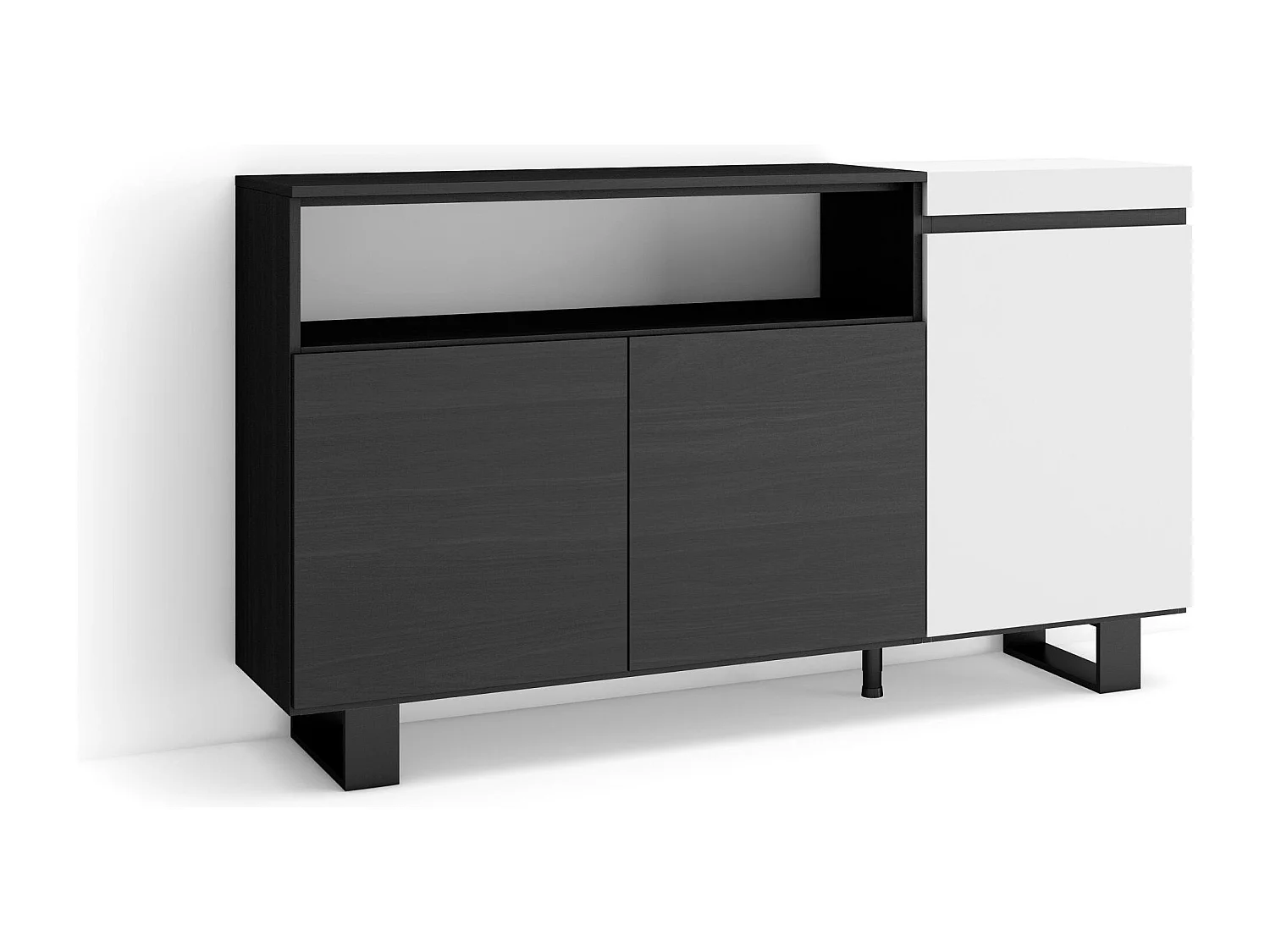 Aparadores para salón, 150x35x87cm, 3 Puertas, Diseño industrial, Blanco y negro