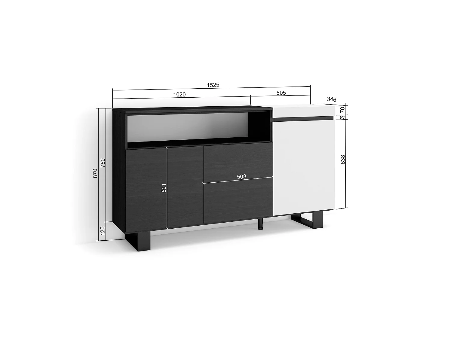 Aparadores para salón, 150x35x87cm, 3 Puertas, Diseño industrial, Blanco y negro