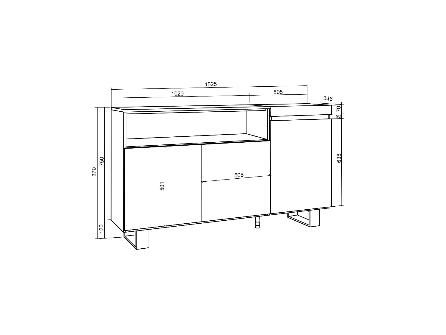 Aparadores para salón, 150x35x87cm, 3 Puertas, Diseño industrial, Blanco y negro