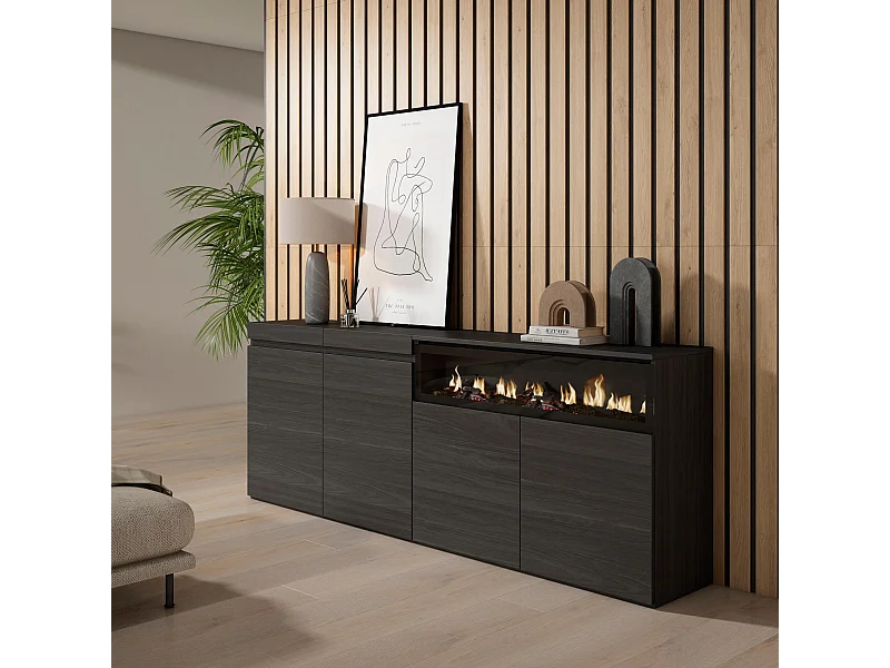 Aparadores para salón, 200x35x75cm, 4 Puertas, Chimenea eléctrica, Negro
