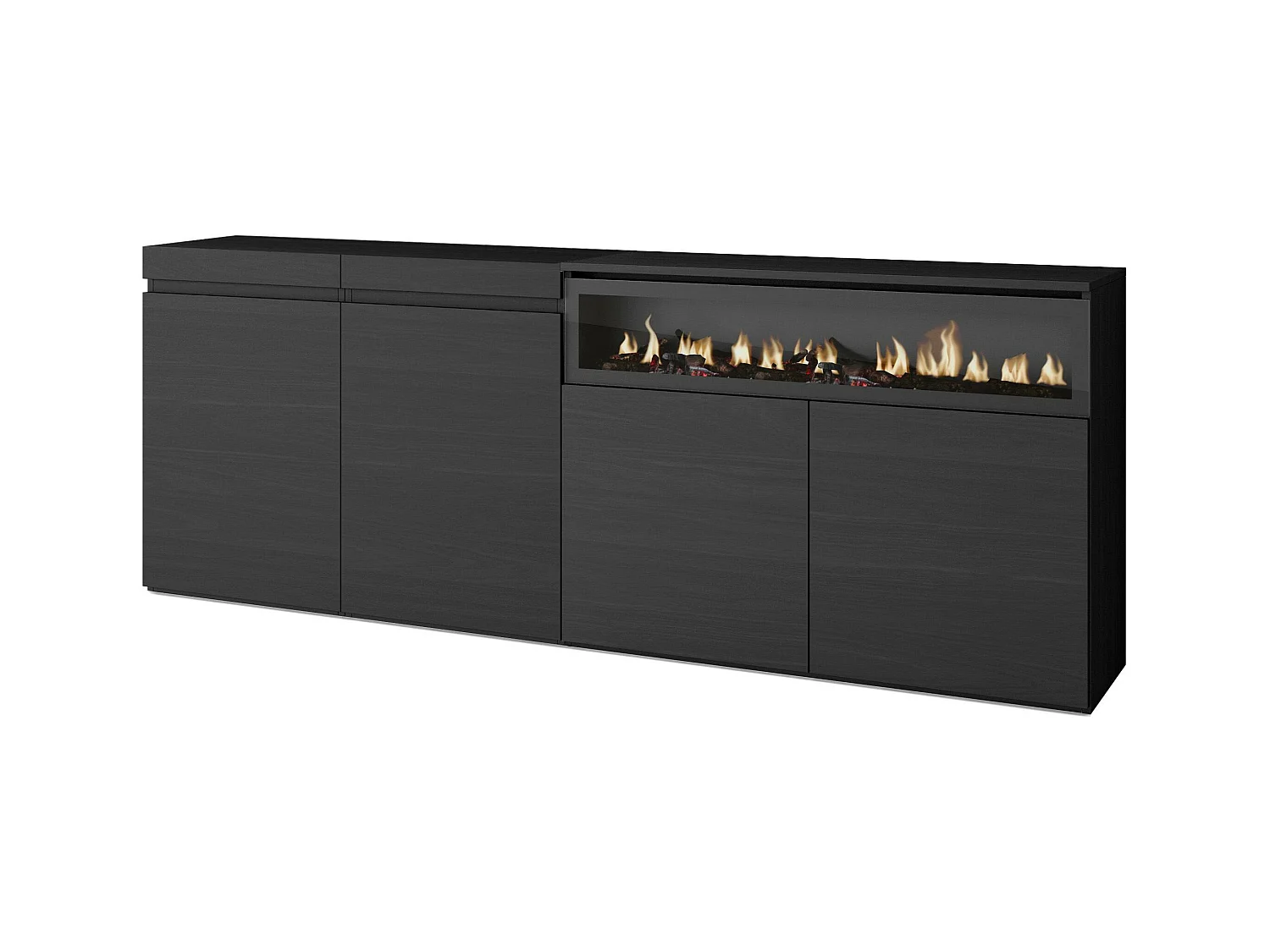 Buffet salon et cuisine, 200x75x35cm, 4 Portes, Cheminée électrique, Noir
