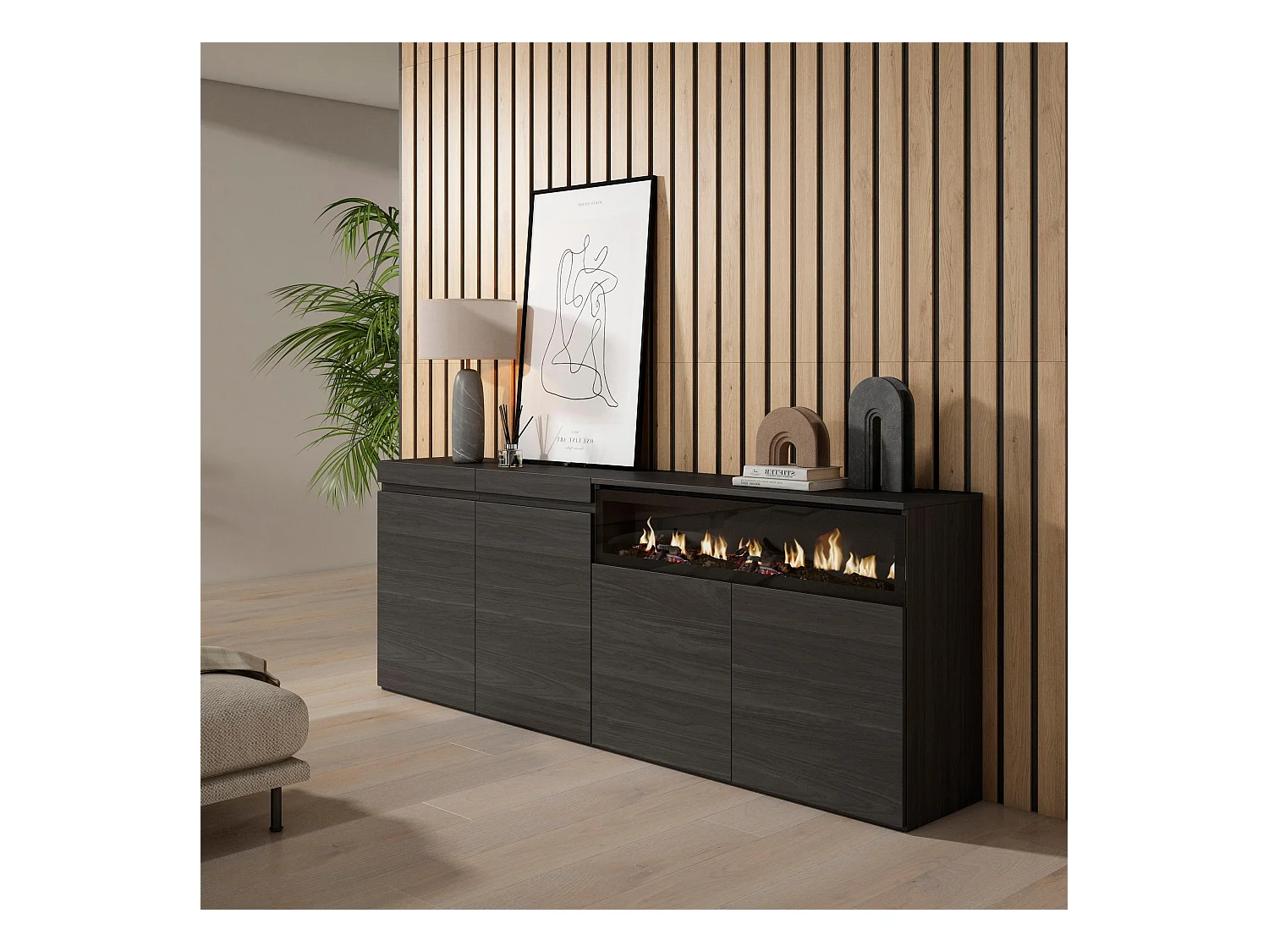 Dressoir, Opbergkast, 200x75x35cm, 4 Deuren, Elektrische haard, Zwart